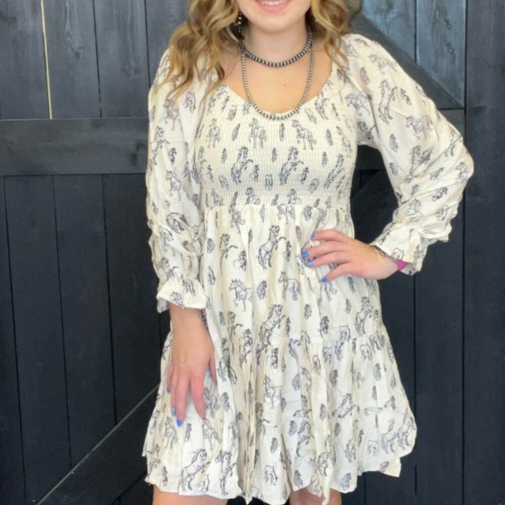 New blue b Horse Print Puff Sleeve Dress - Cowboy Western